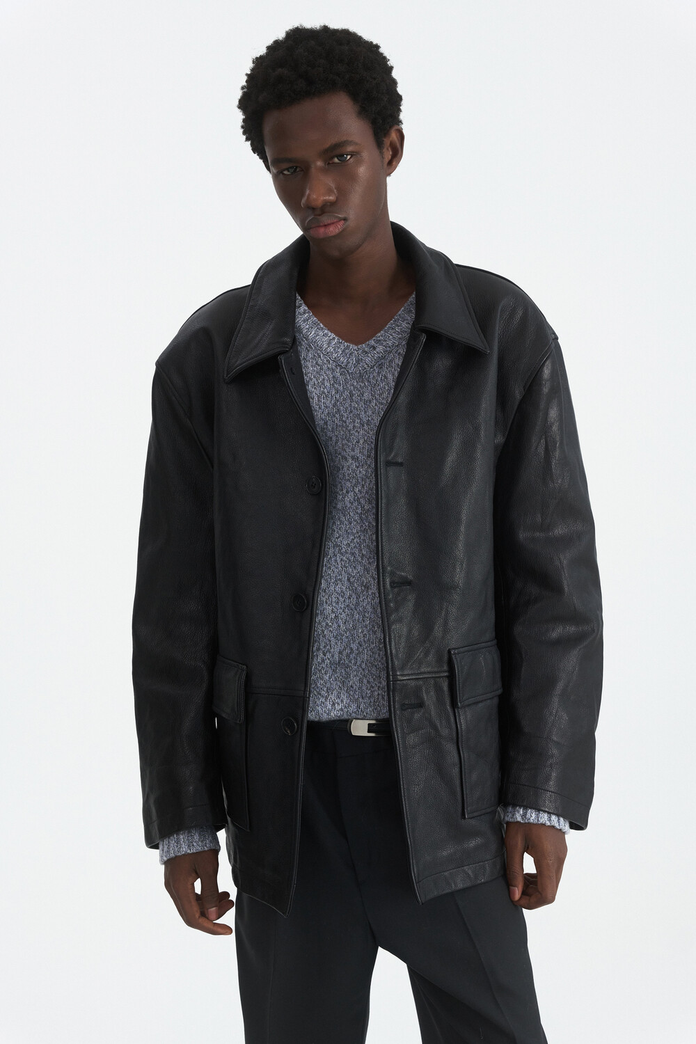 [WINDER] VINTAGE WASHED GOAT LEATHER CAR COAT - BLACK