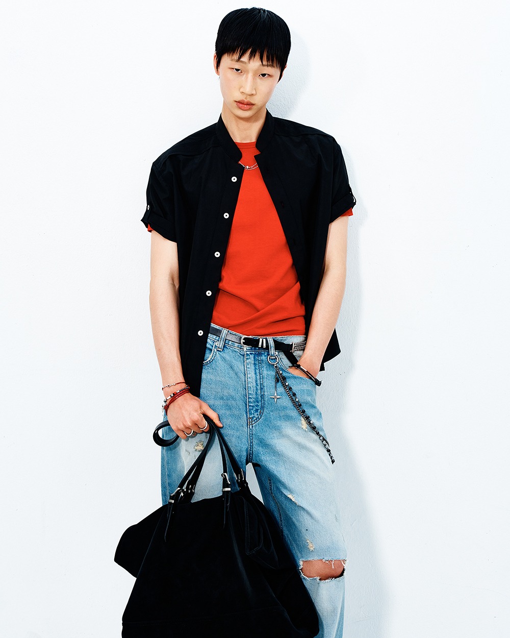 [HALEINE] PINTUCK STRUCTURED STAND COLLAR SHIRT BLACK (XT234)
