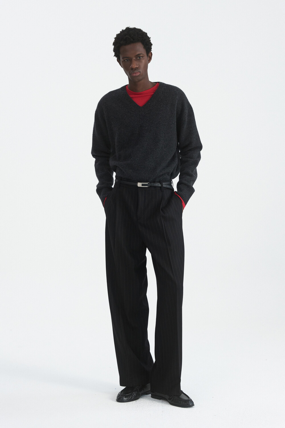 [WINDER] PLEATED WOOL TROUSERS - STRIPE BLACK