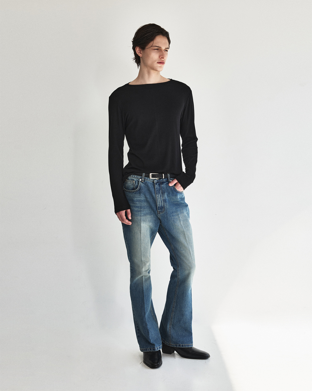 [kineto] Oblong Leather Buckle Belt_Silver