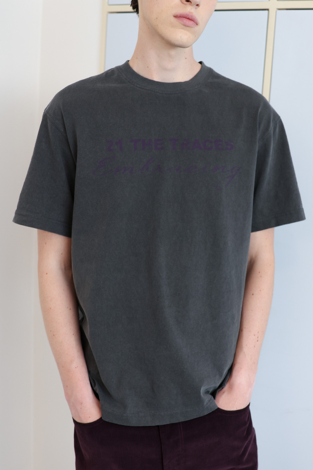 [ANYTIME LOREAK] TRACE WASHED HALF T-SHIRT - CHARCOAL