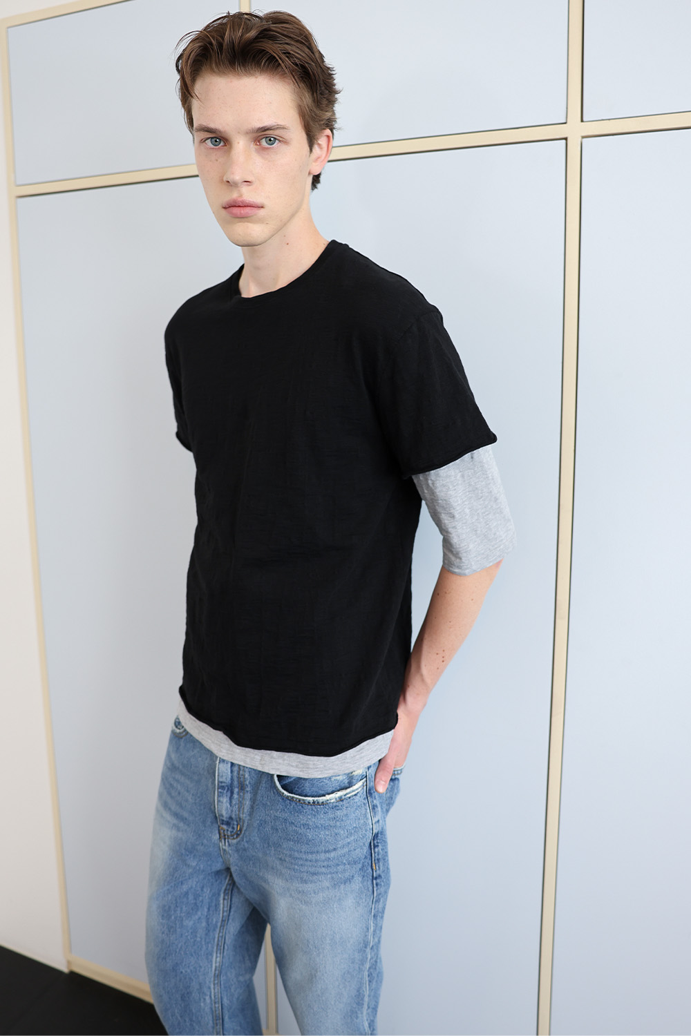 [ANYTIME LOREAK] FADE SLUB HALF T-SHIRT - BLACK