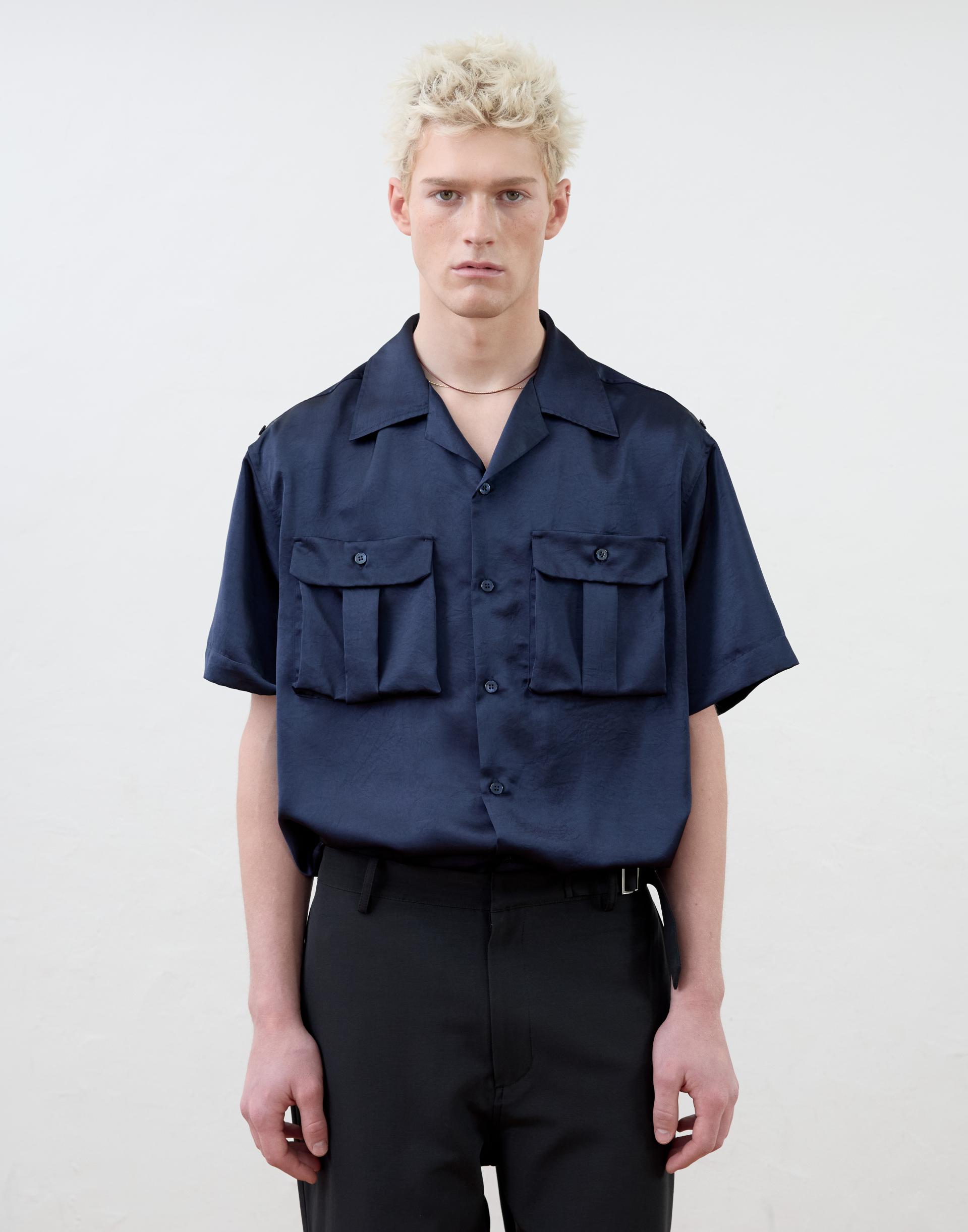[MOOMYUNG ] MILANESE OPEN COLLAR SHIRT (DEEP BLUE)
