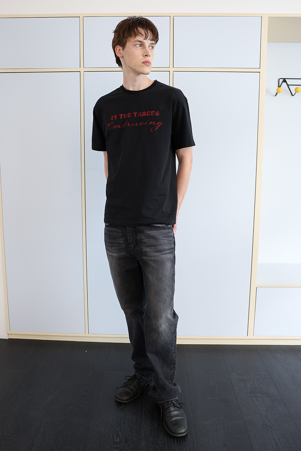 [ANYTIME LOREAK] TRACE WASHED HALF T-SHIRT - BLACK