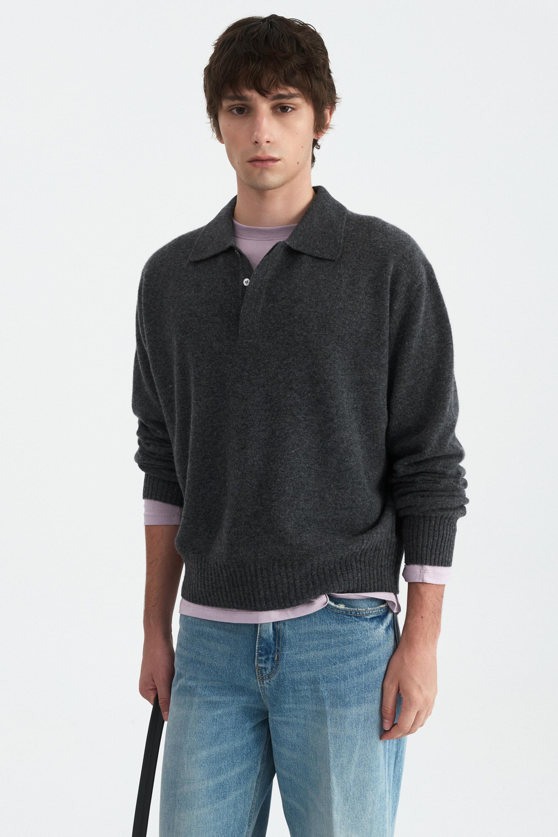 [WINDER] MERINO WOOL HIDDEN POLO SWEATER -DARK GREY