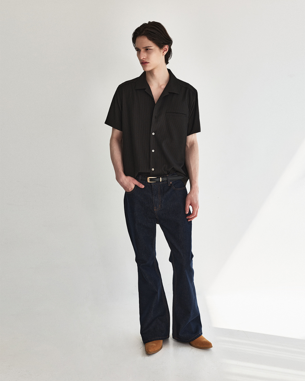 [kineto] Refined Wool Stripe Shirt_Dark Brown