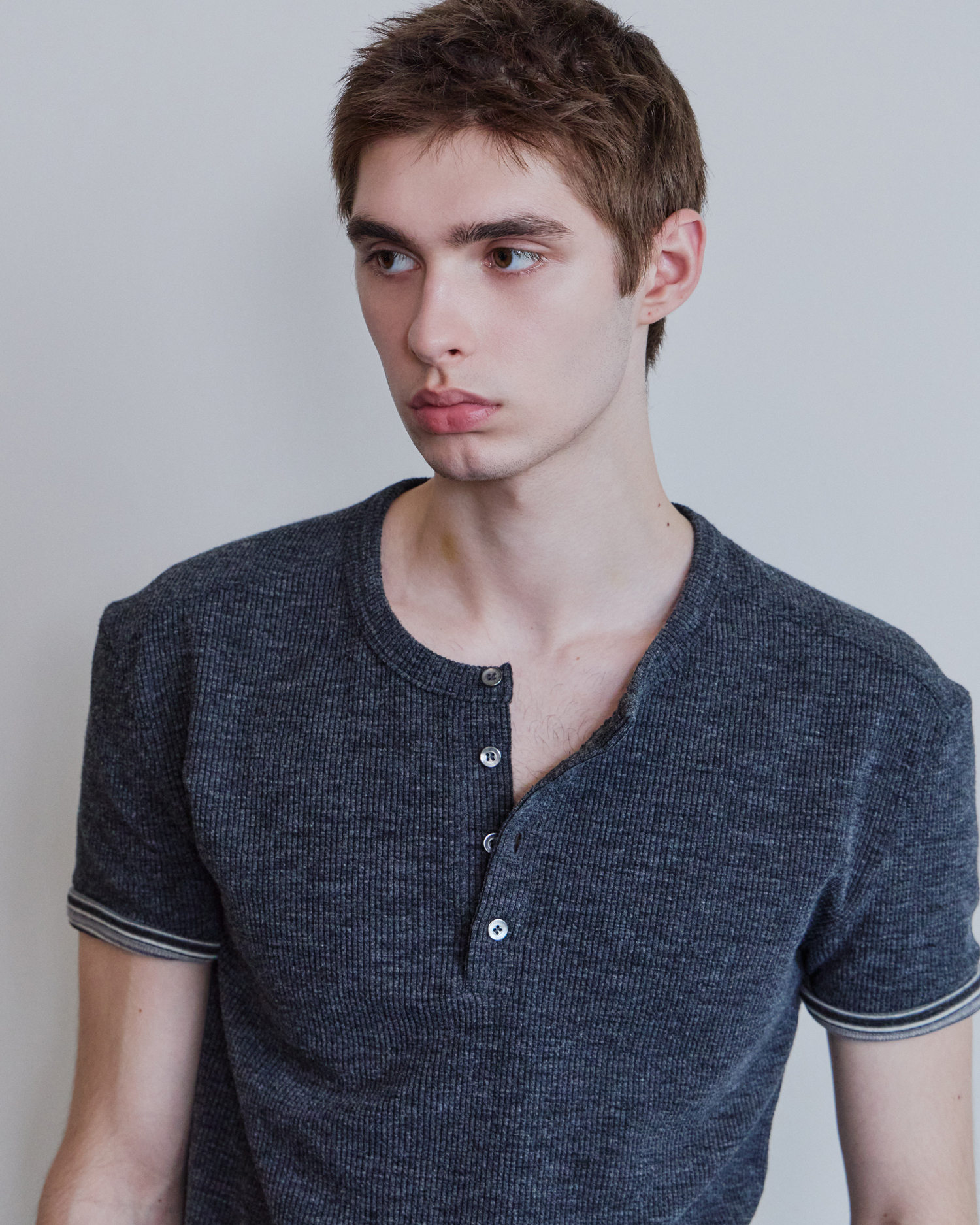 [WAVINESS] Ribbed Layered Henley-Neck T-shirts - Charcoal