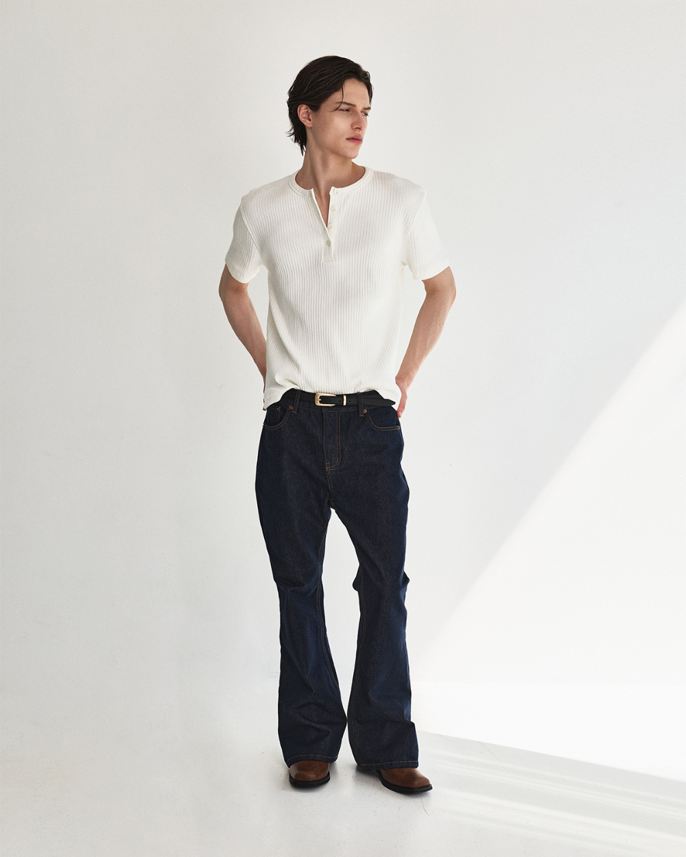 [kineto] Wale Cotton Henley Neck Top_White