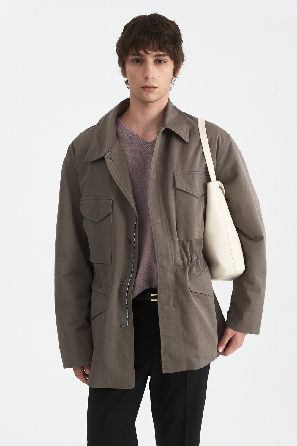 [WINDER] CONTOUR RIB WOOL V NECK SWEATER - MUTED LAVENDER