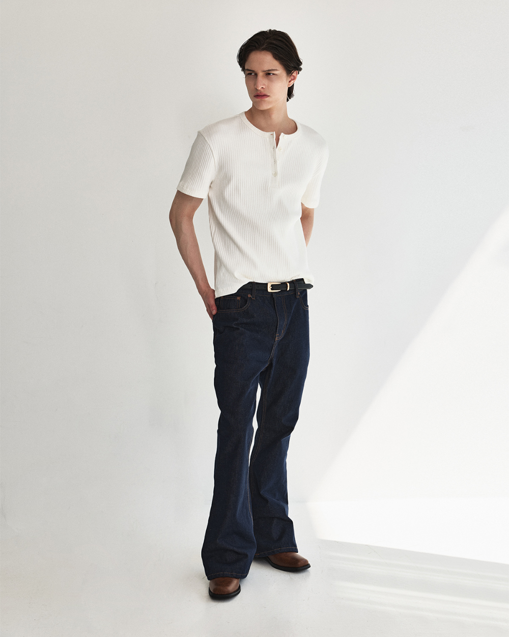 [kineto] Wale Cotton Henley Neck Top_White