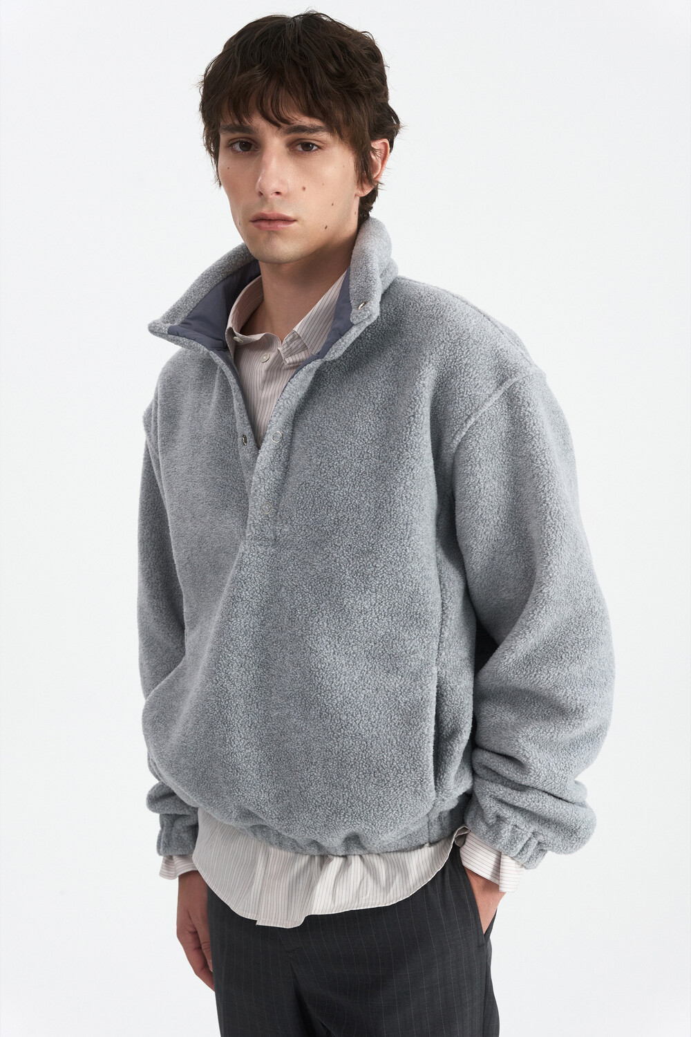 [WINDER] RING SNAP FLEECE PULL OVER -MELANGE GREY