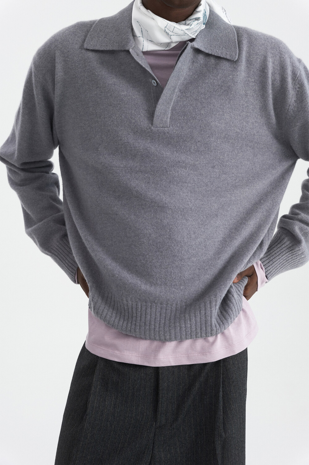 [WINDER] MERINO WOOL HIDDEN POLO SWEATER - SILVER BLUE