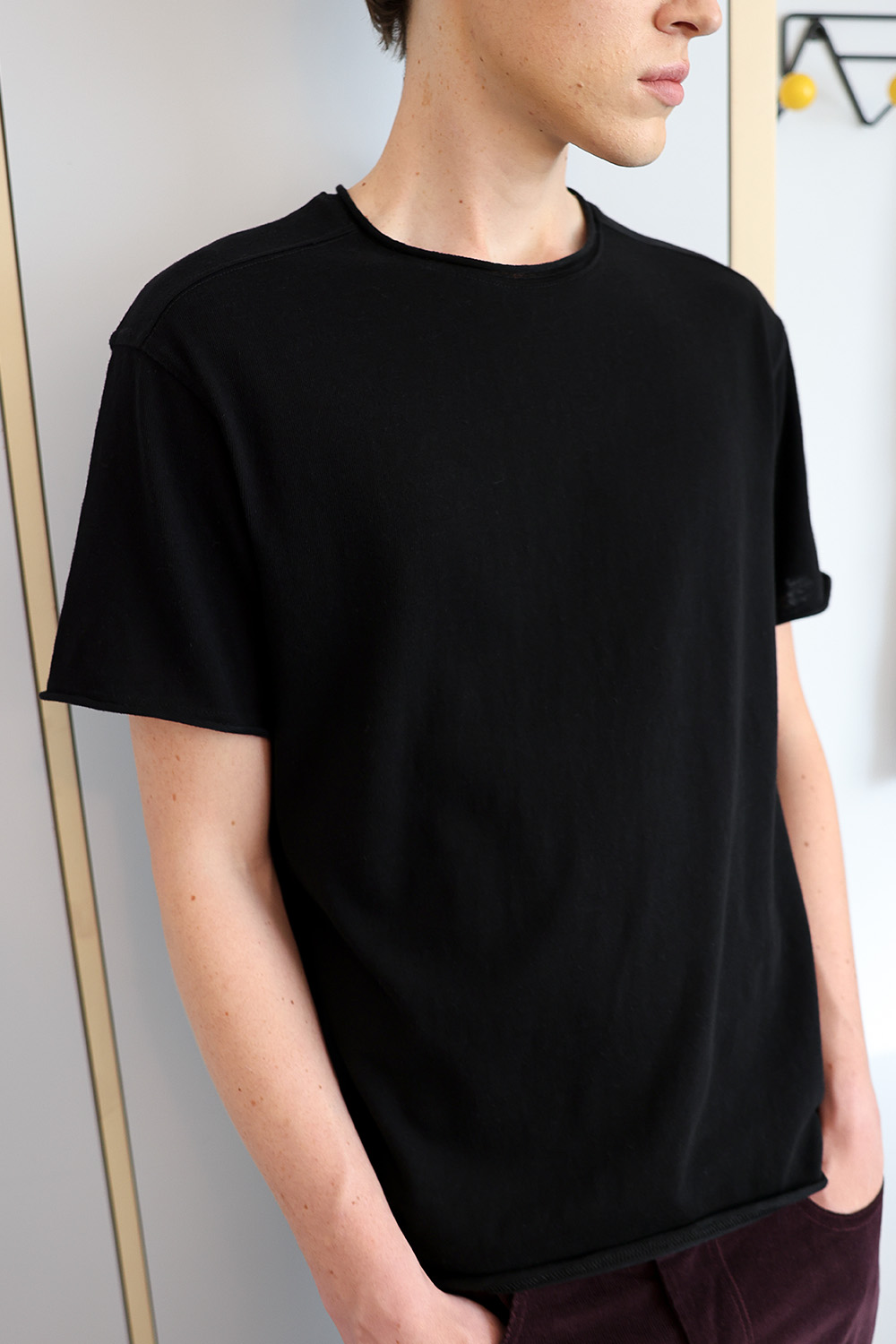 [ANYTIME LOREAK] YUCCA RAW-EDGE HALF KNIT - BLACK