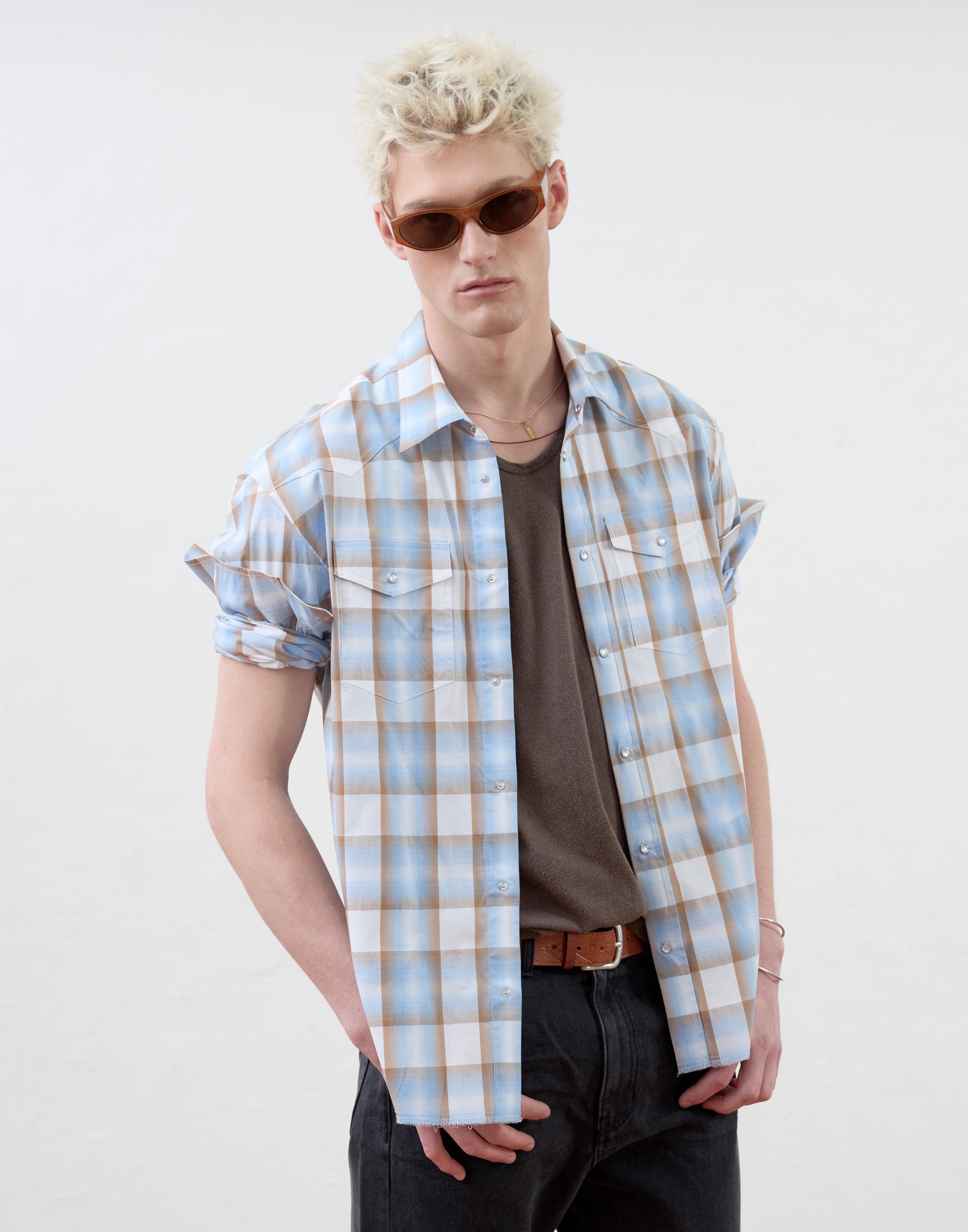 [MOOMYUNG] ‘Keanu’ CHECKED WESTERN SHIRT (SKY BLUE CHECK)