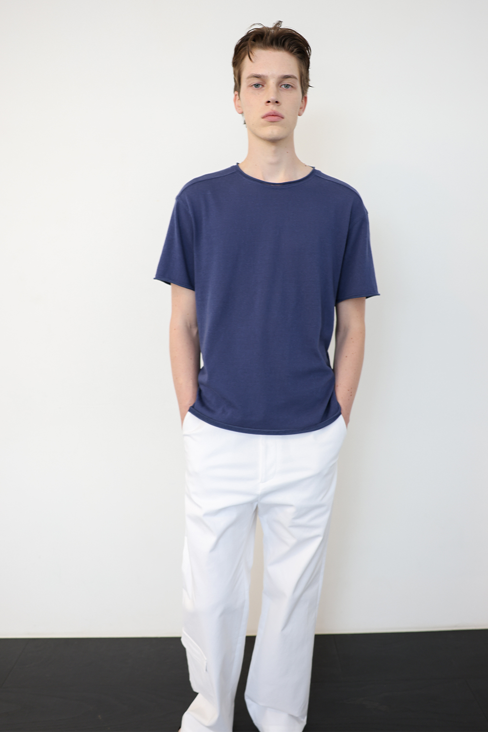 [ANYTIME LOREAK] YUCCA RAW-EDGE HALF KNIT -BLUE