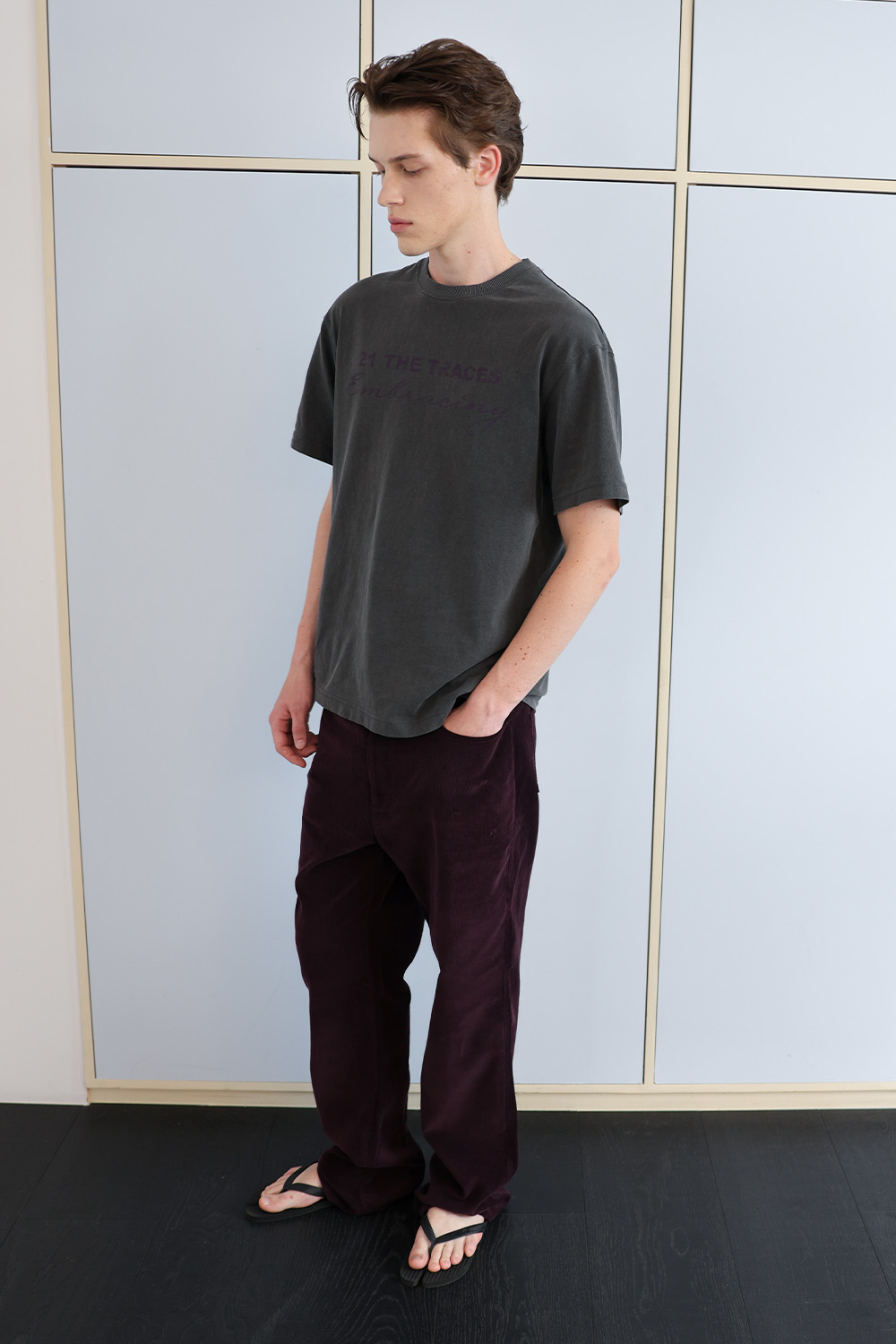 [ANYTIME LOREAK] TRACE WASHED HALF T-SHIRT - CHARCOAL