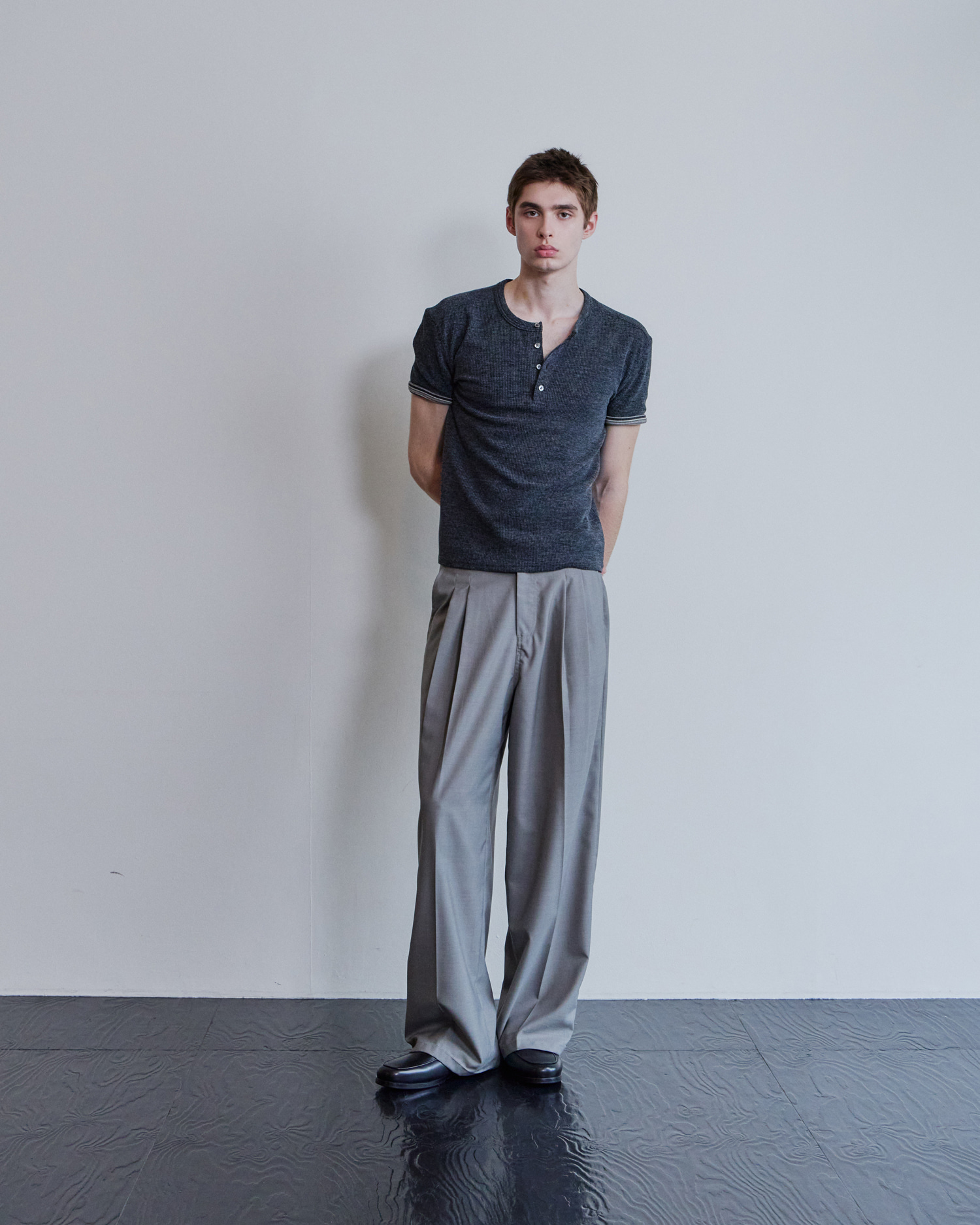 [WAVINESS] Ribbed Layered Henley-Neck T-shirts - Charcoal