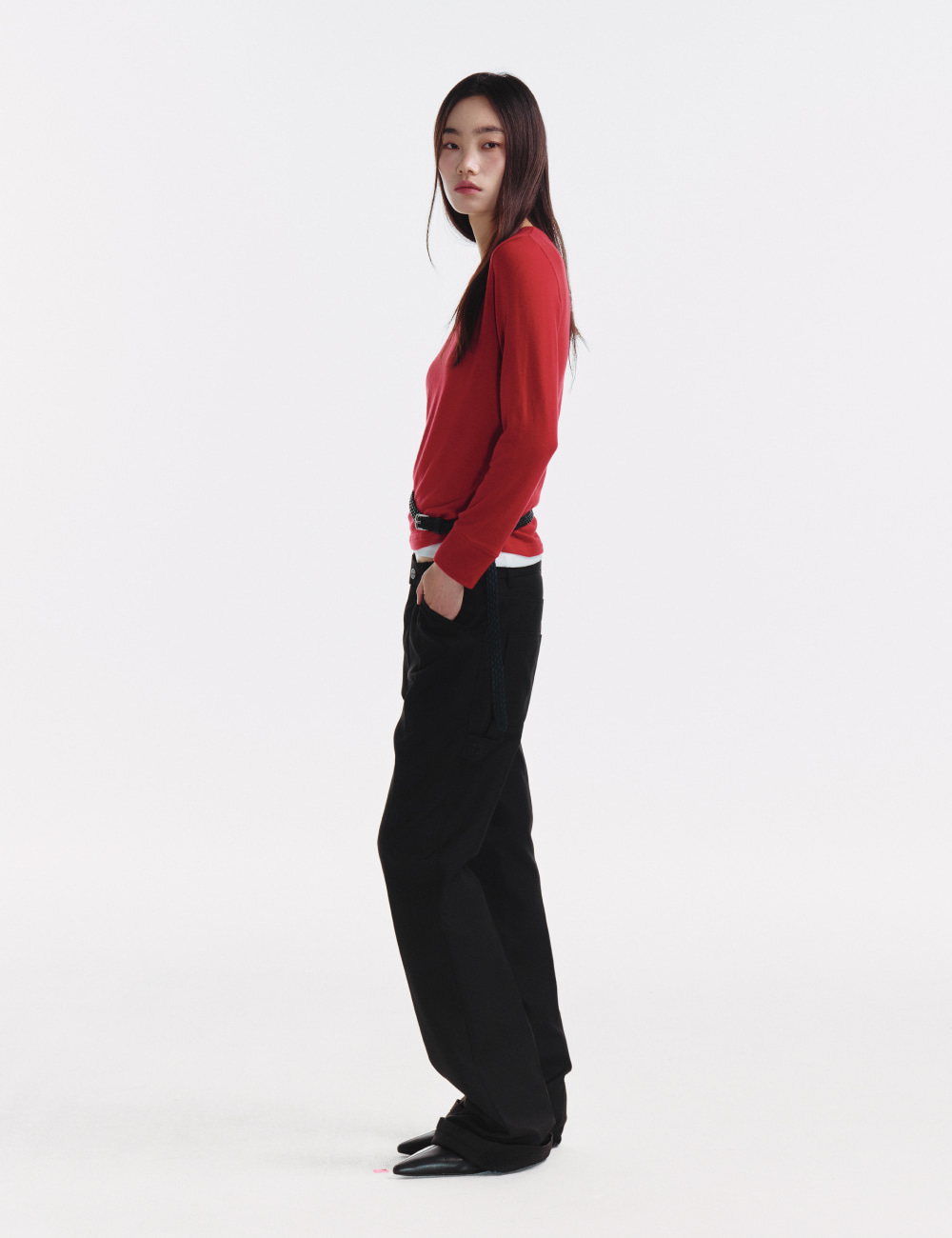 [GEN:RE] Pinched Neck Cut and Sew Wool Knit Red