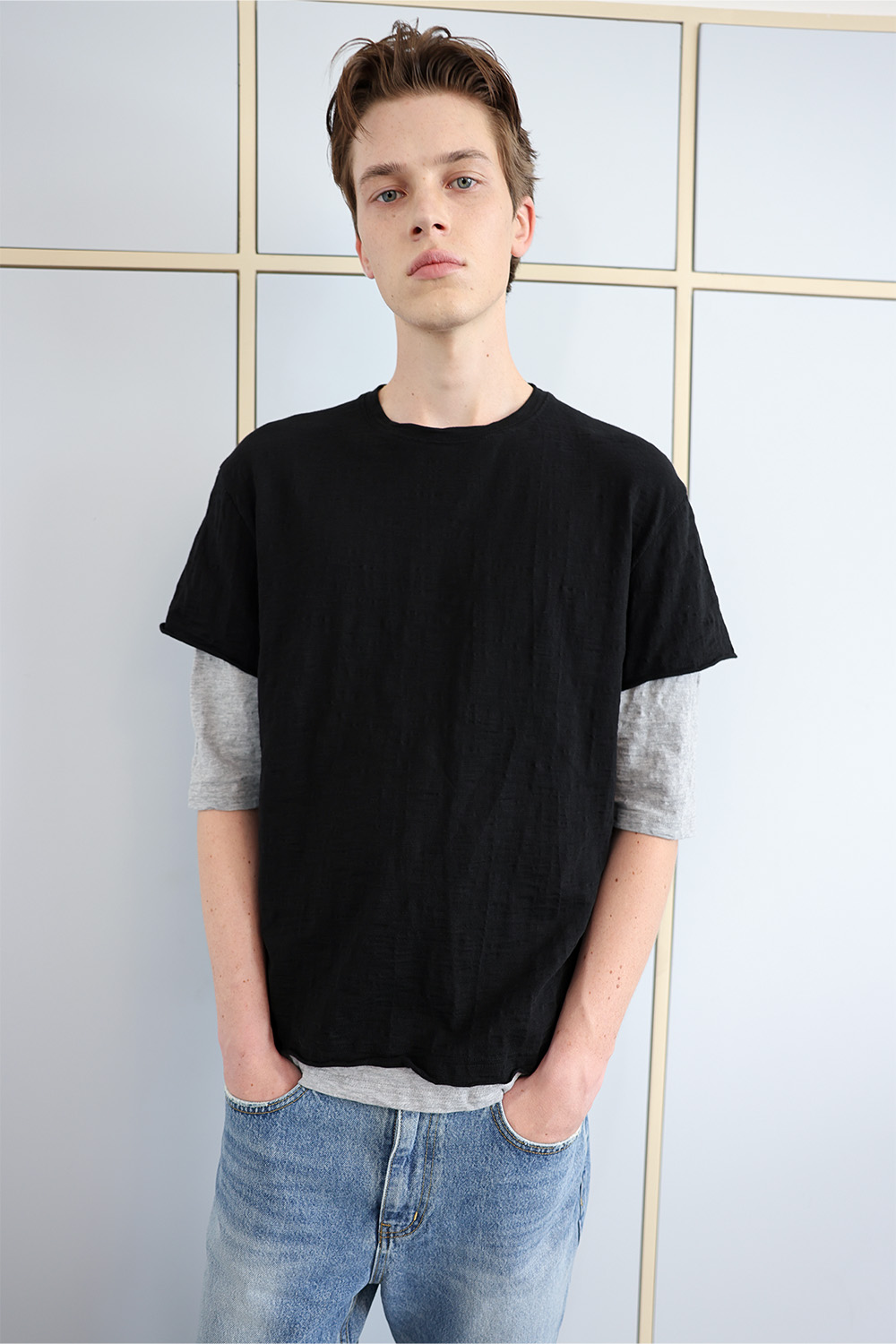 [ANYTIME LOREAK] FADE SLUB HALF T-SHIRT - BLACK