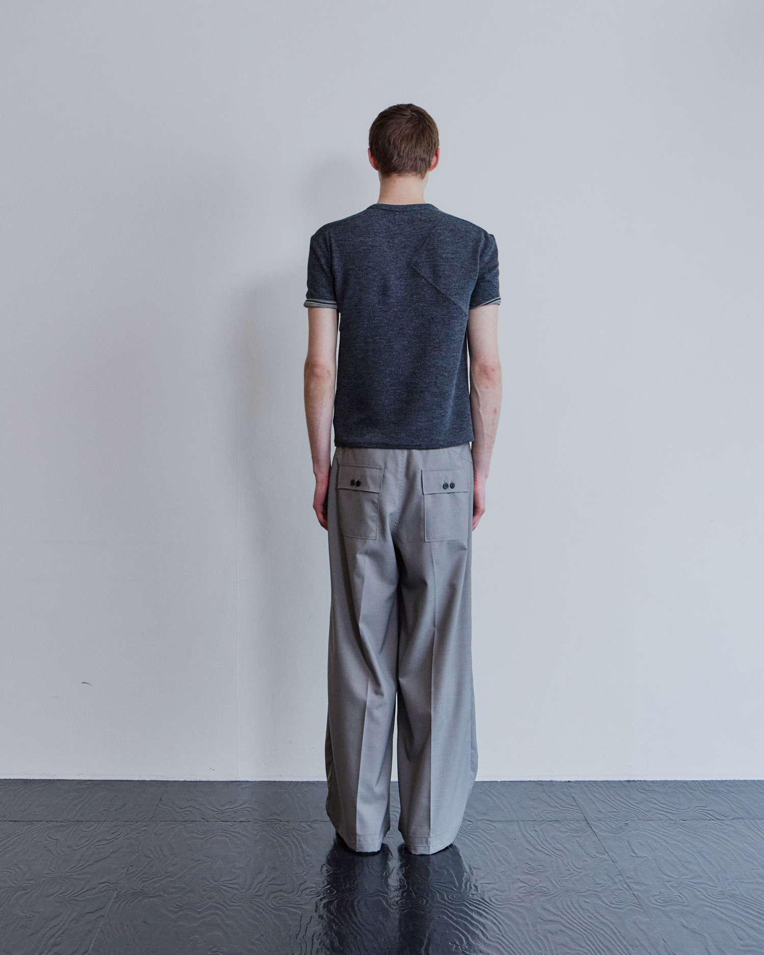 [WAVINESS] Ribbed Layered Henley-Neck T-shirts - Charcoal