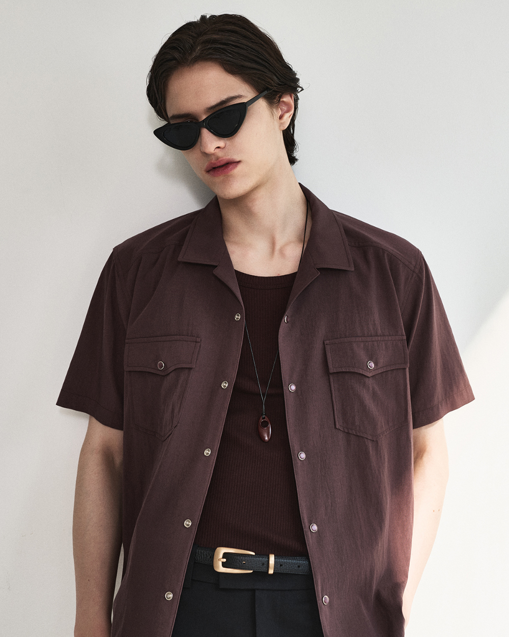 [kineto] Éclat Snap Open Collar Shirt_Plum