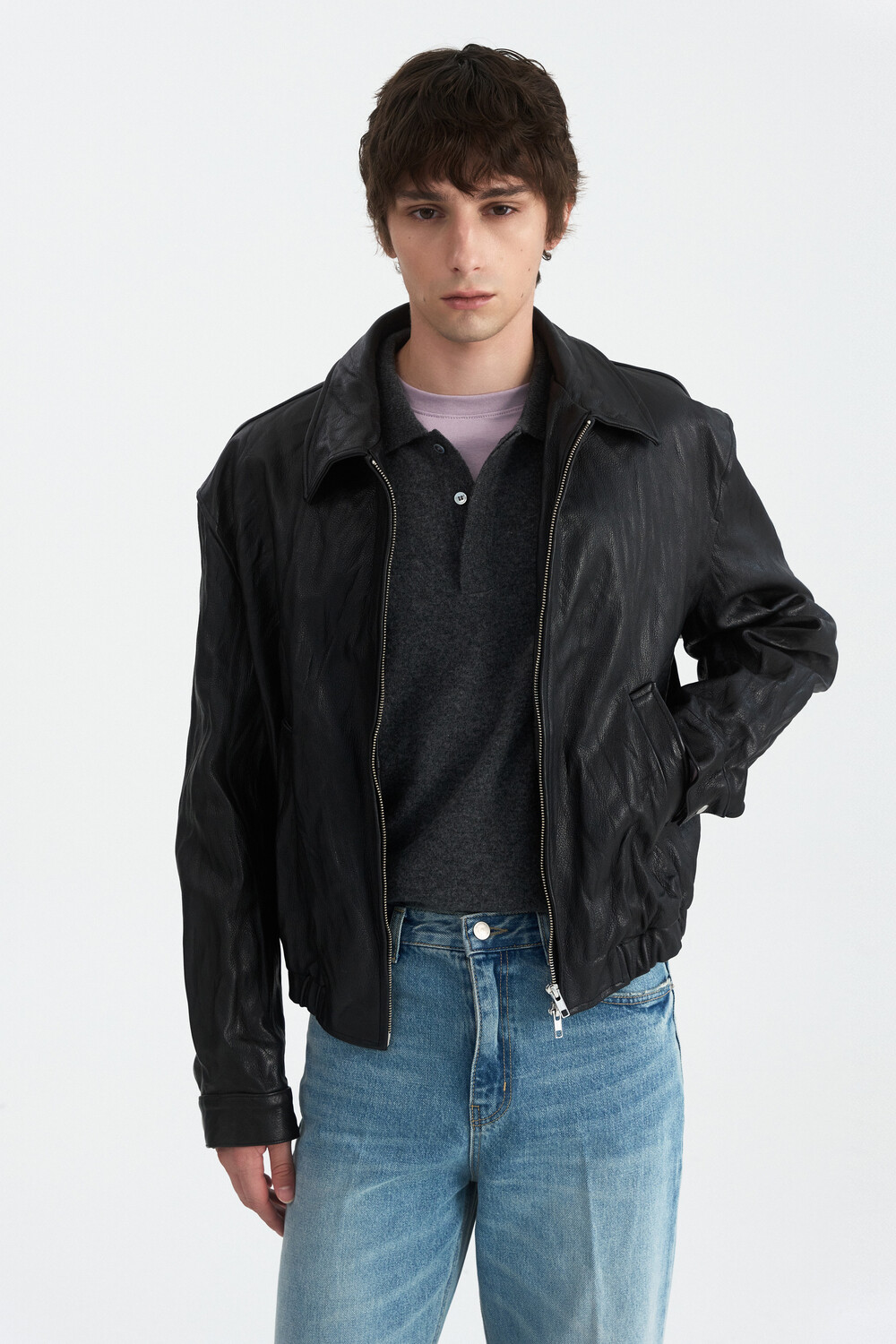 [WINDER] VINTAGE WRINKLE GOAT LEATHER BLOUSON - BLACK