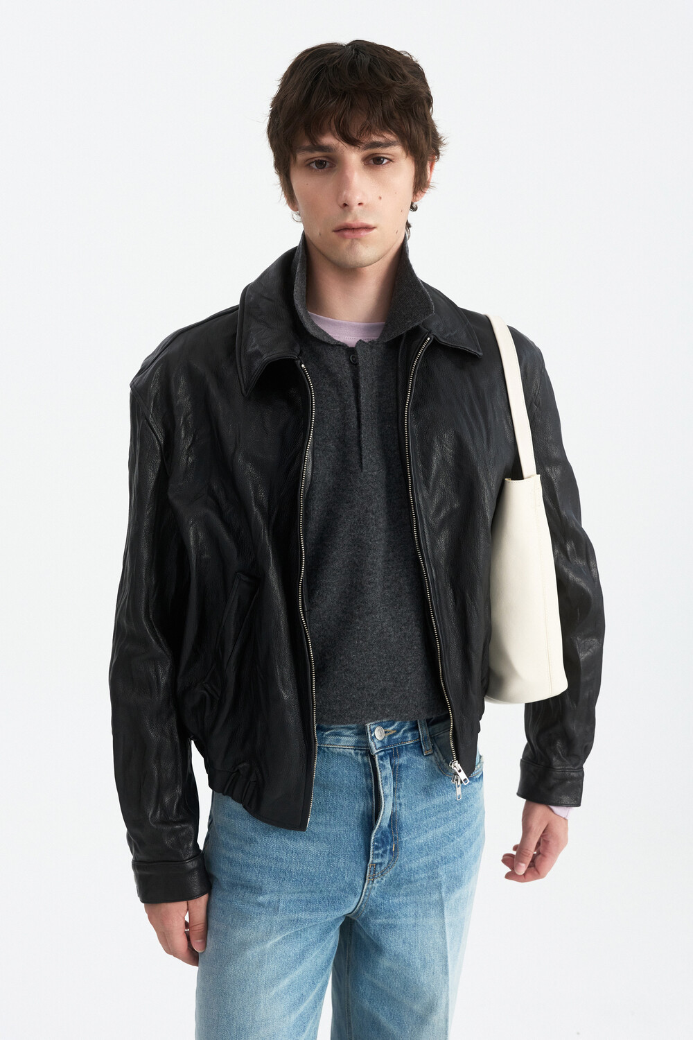 [WINDER] MERINO WOOL HIDDEN POLO SWEATER -DARK GREY