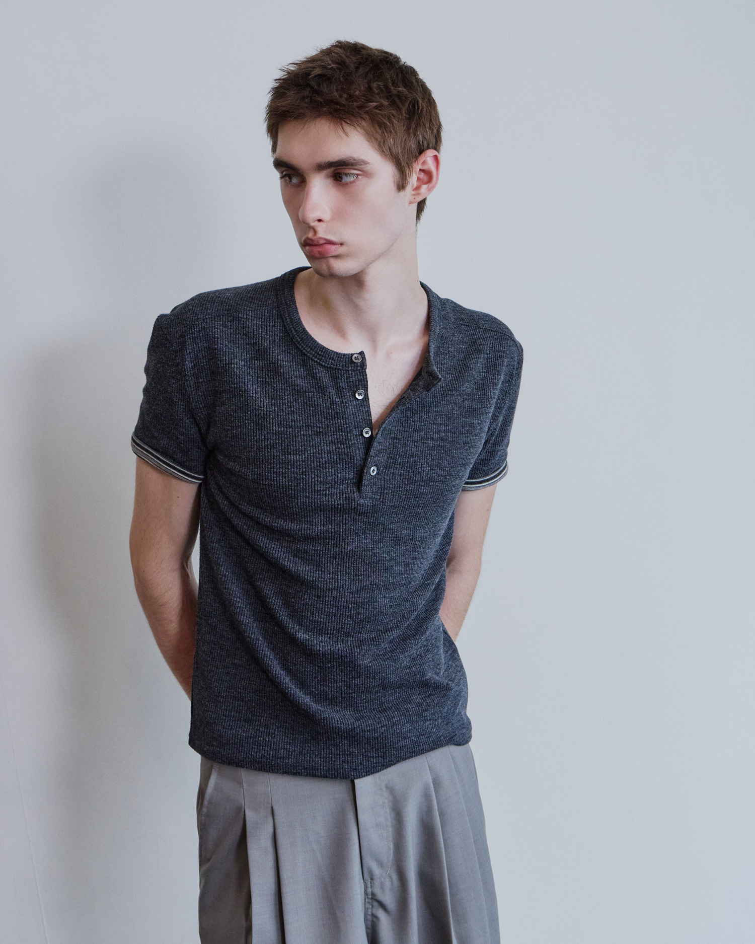 [WAVINESS] Ribbed Layered Henley-Neck T-shirts - Charcoal