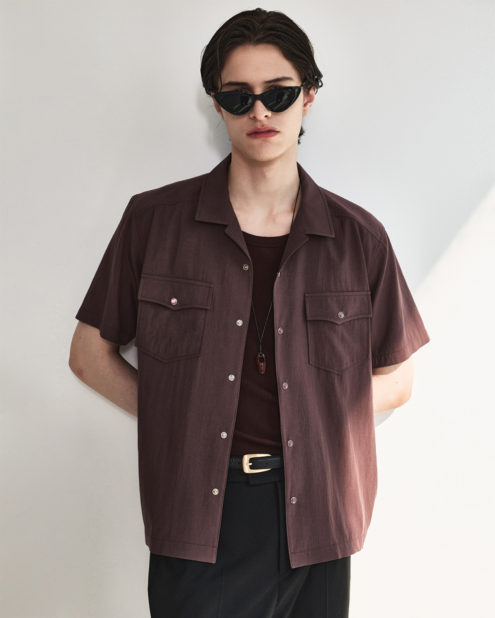 [kineto] Éclat Snap Open Collar Shirt_Plum