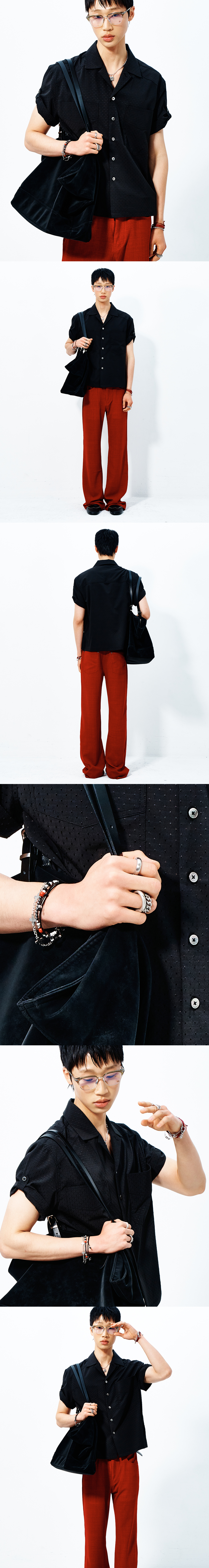 [HALEINE] TEXTURED DOT OPEN COLLAR SHIRT BLACK (XT210)