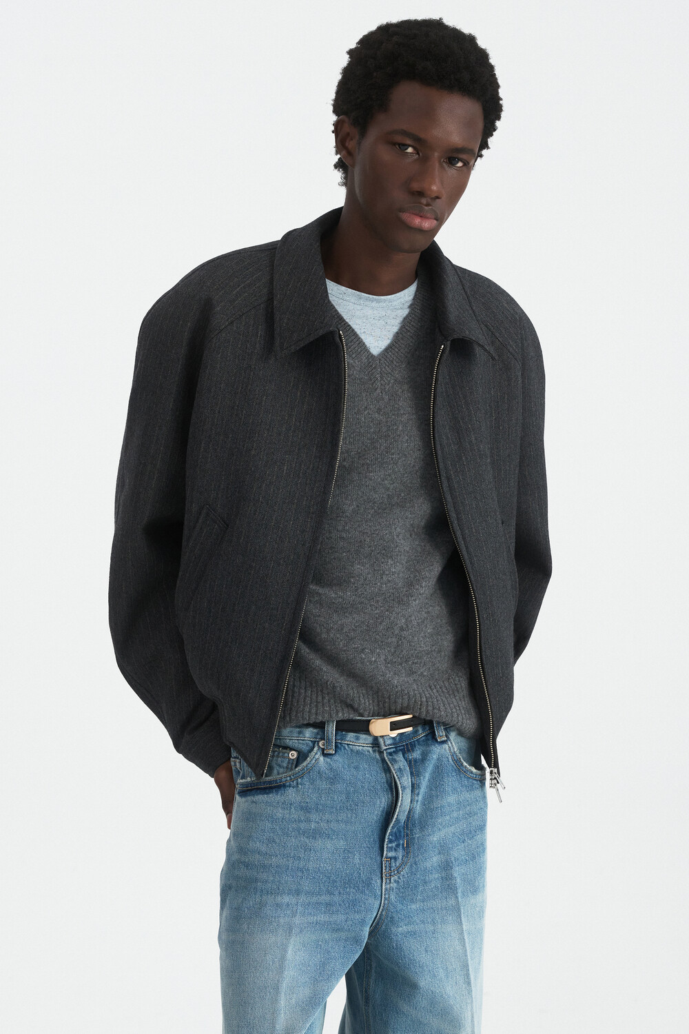 [WINDER] RAGLAN WOOL CROP BLOUSON - HARRINGBONE CHARCOAL