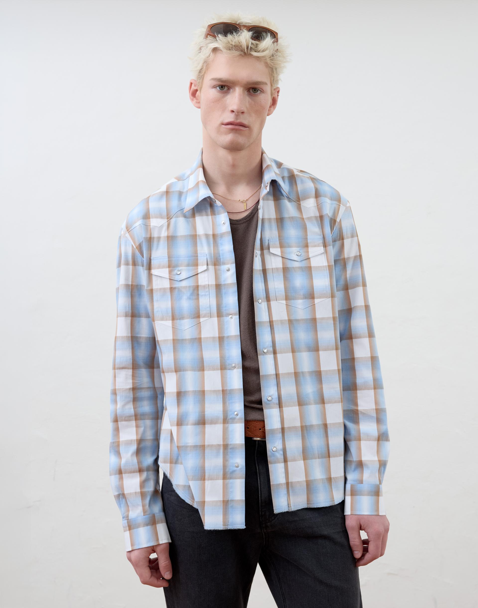 [MOOMYUNG] ‘Keanu’ CHECKED WESTERN SHIRT (SKY BLUE CHECK)