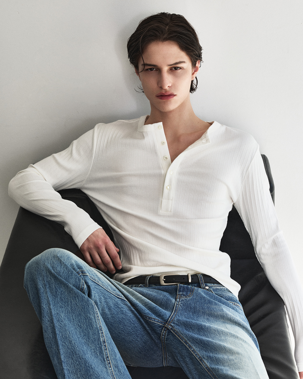 [kineto] Fine Cotton Ribbed Henley Top_White