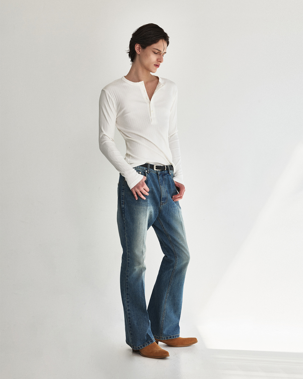 [kineto] Fine Cotton Ribbed Henley Top_White