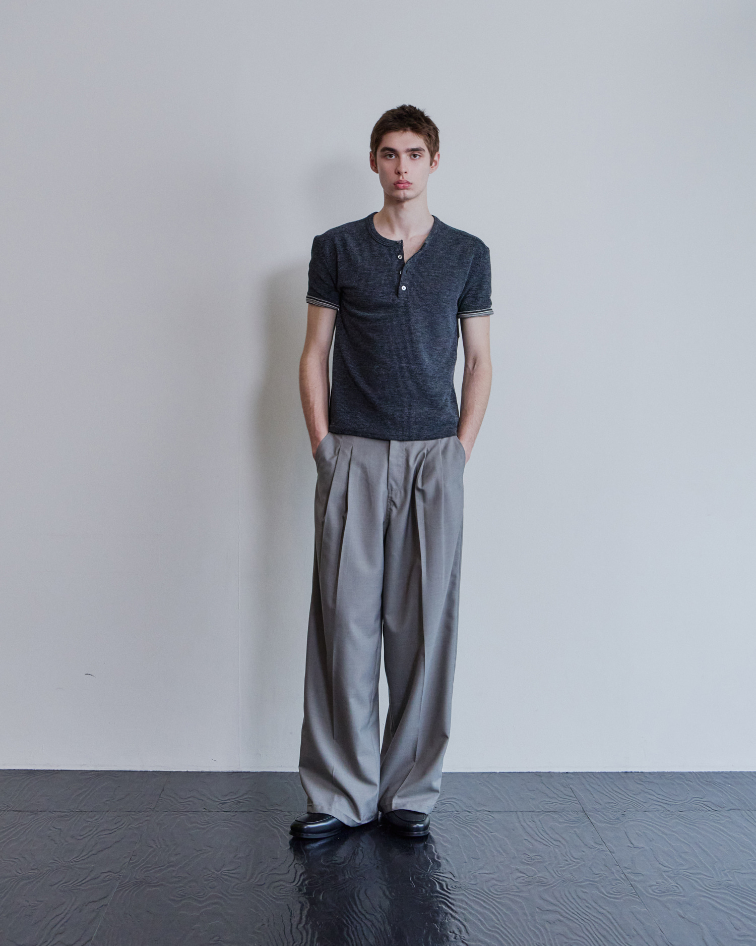 [WAVINESS] Ribbed Layered Henley-Neck T-shirts - Charcoal