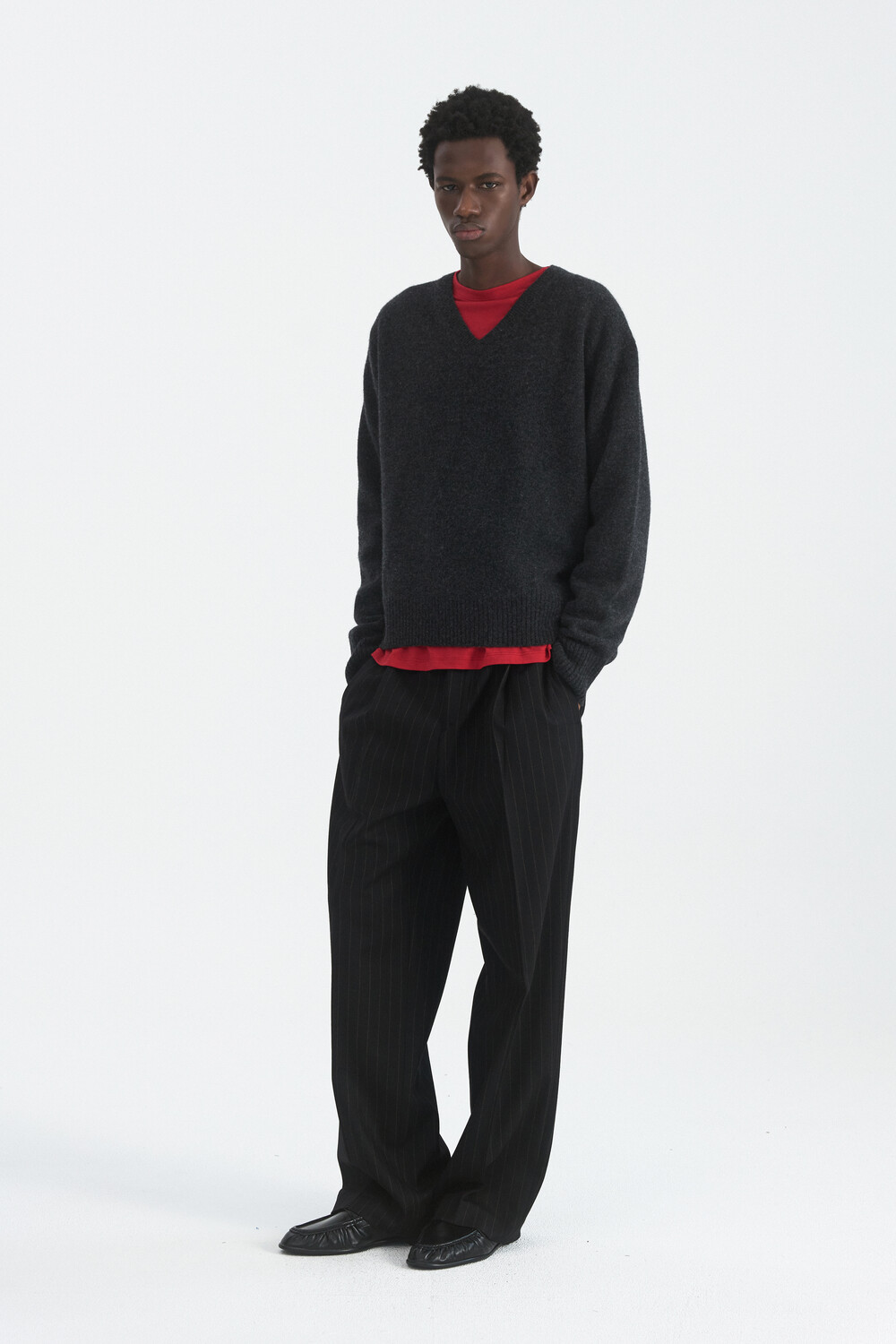 [WINDER] PLEATED WOOL TROUSERS - STRIPE BLACK