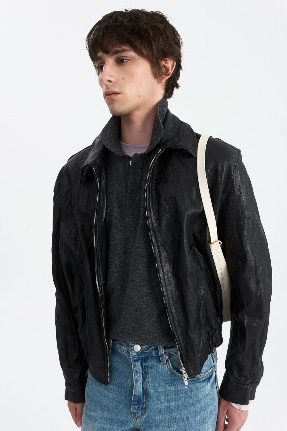 [WINDER] VINTAGE WRINKLE GOAT LEATHER BLOUSON - BLACK