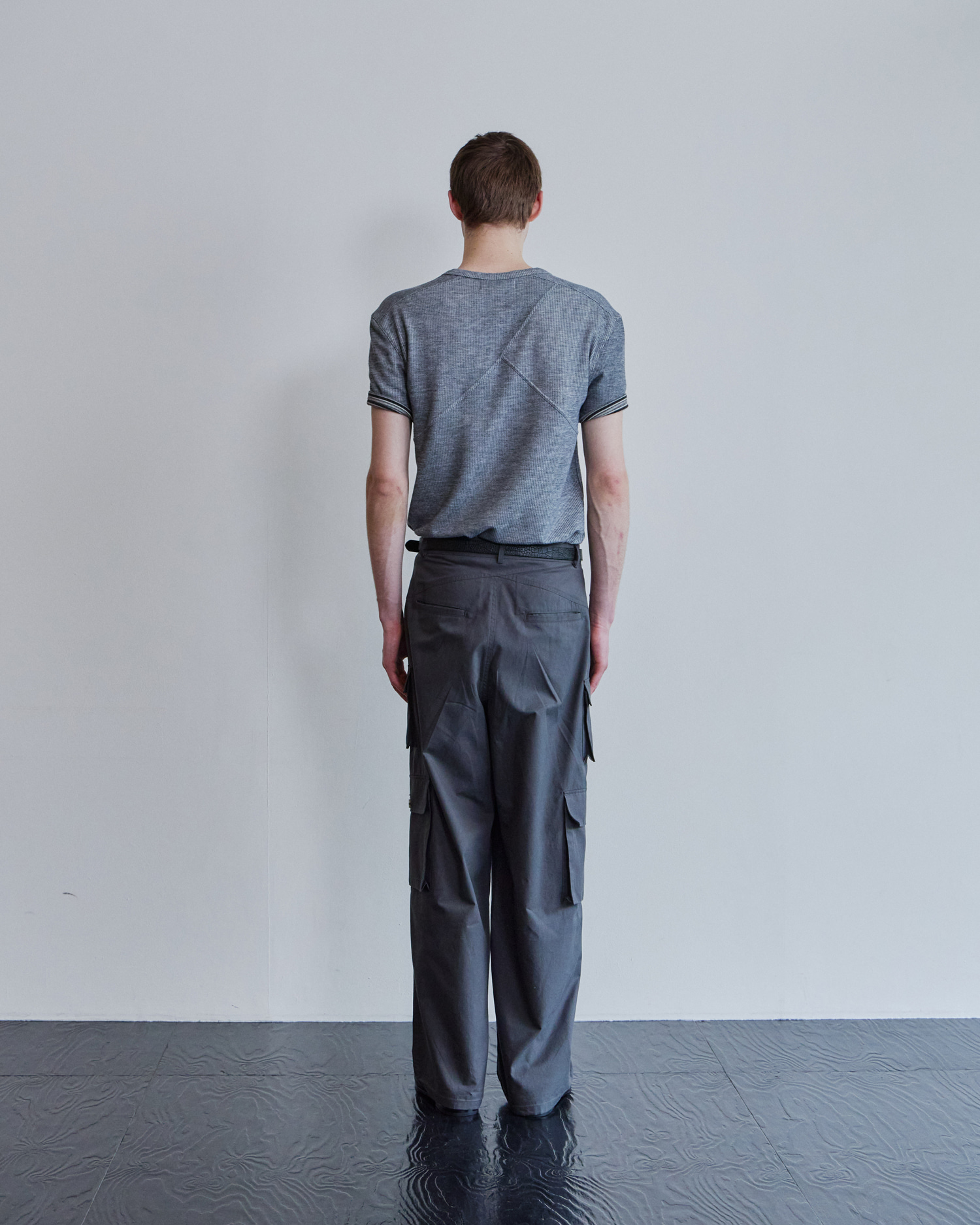 [WAVINESS] Ribbed Layered Henley-Neck T-shirts - Light Grey