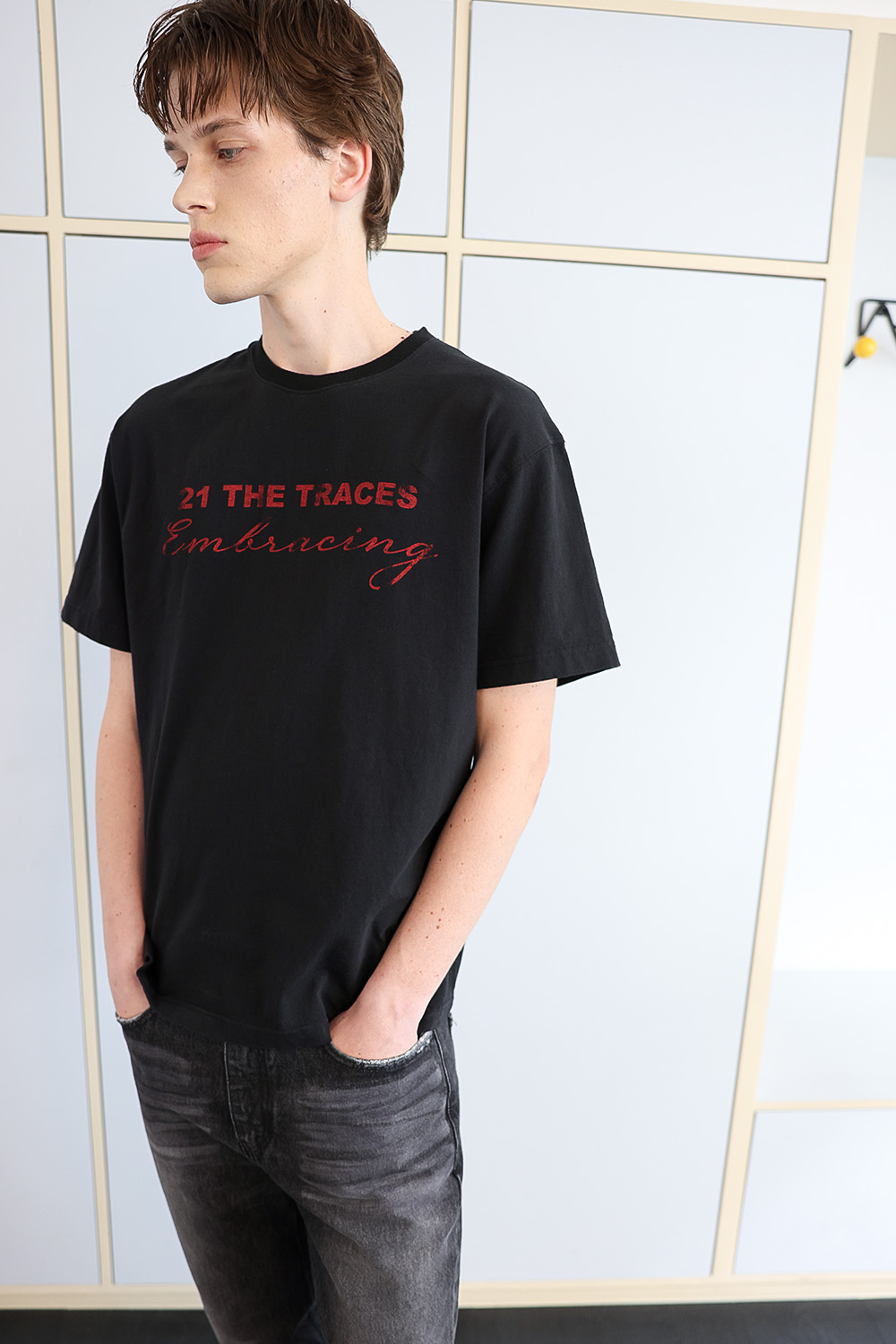 [ANYTIME LOREAK] TRACE WASHED HALF T-SHIRT - BLACK