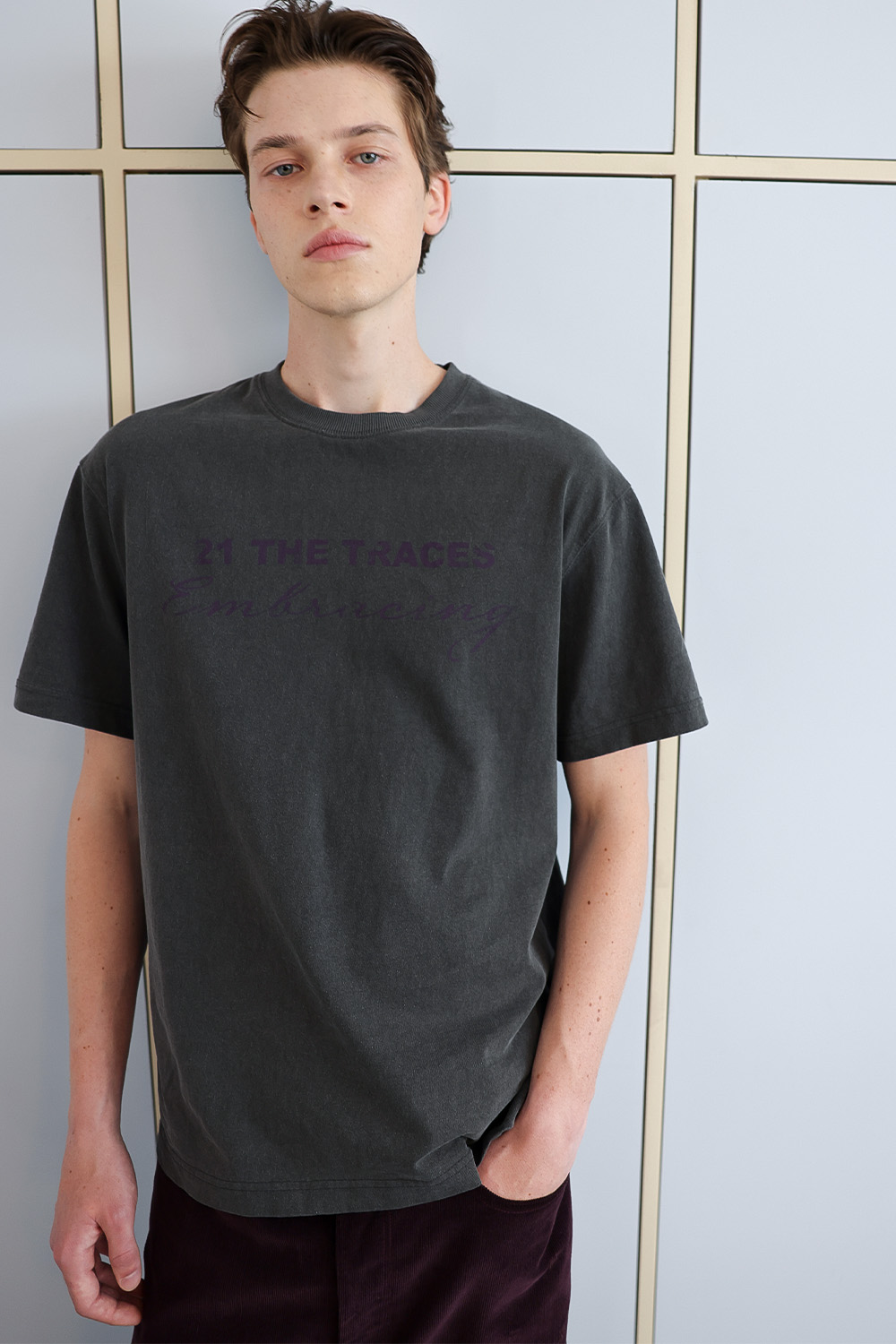 [ANYTIME LOREAK] TRACE WASHED HALF T-SHIRT - CHARCOAL