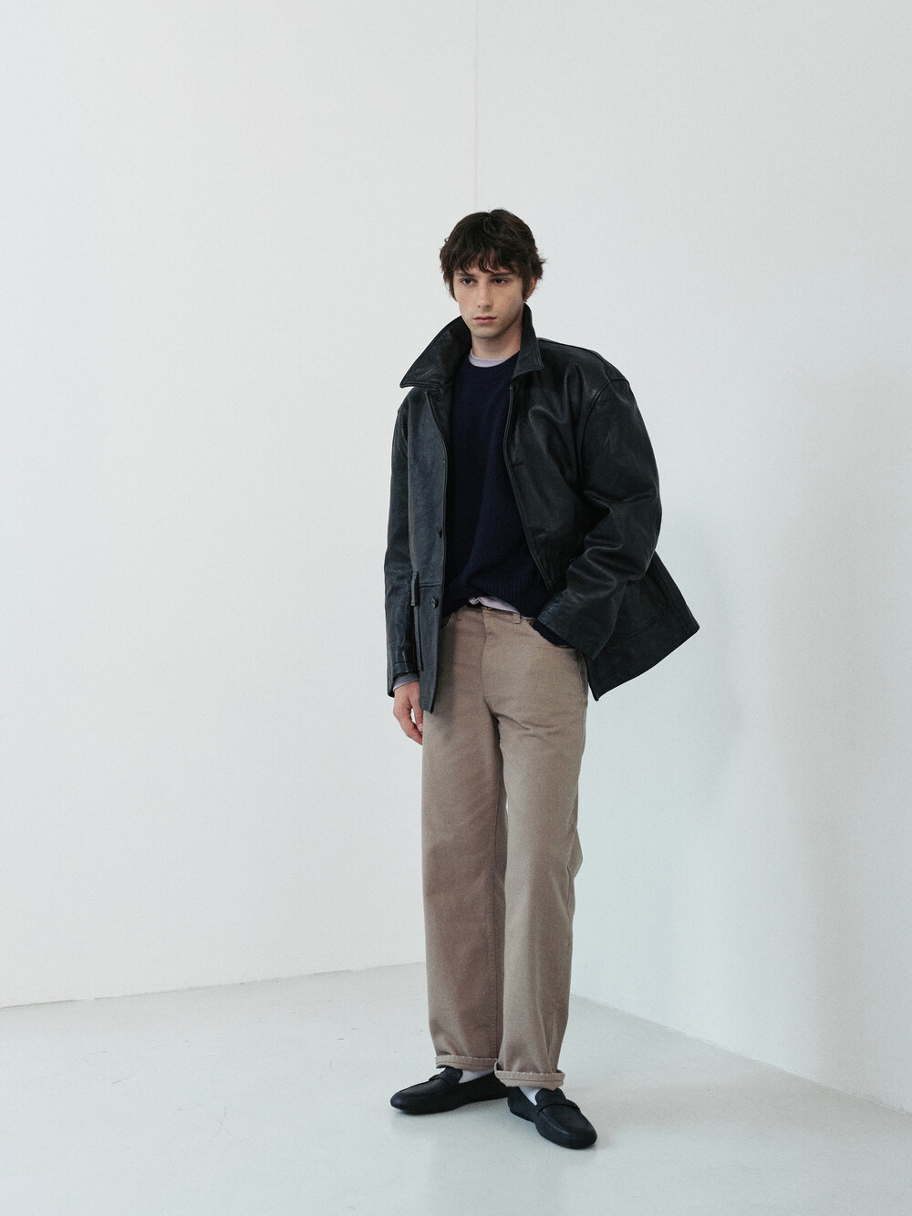 [WINDER] VINTAGE WASHED GOAT LEATHER CAR COAT - BLACK