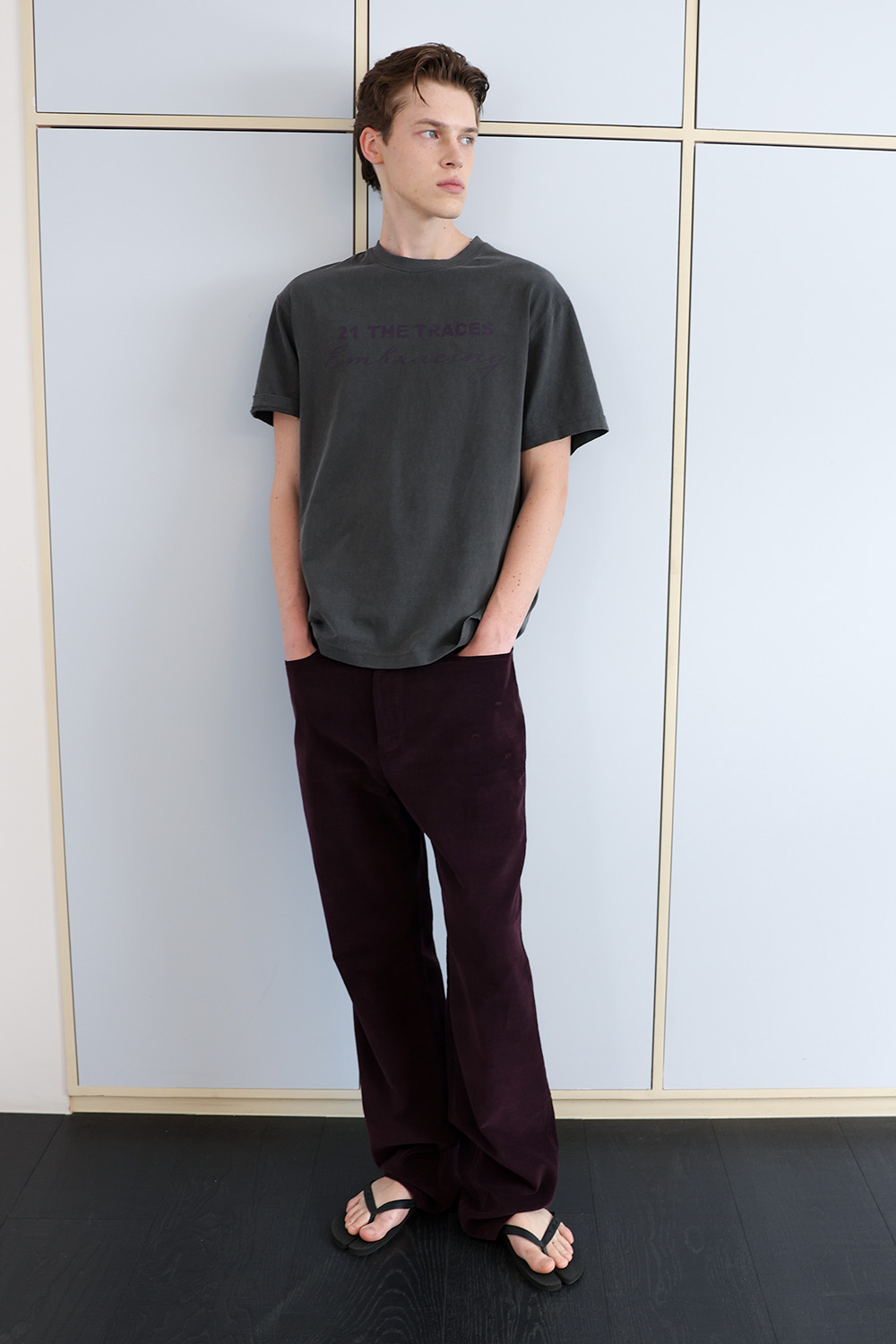 [ANYTIME LOREAK] TRACE WASHED HALF T-SHIRT - CHARCOAL