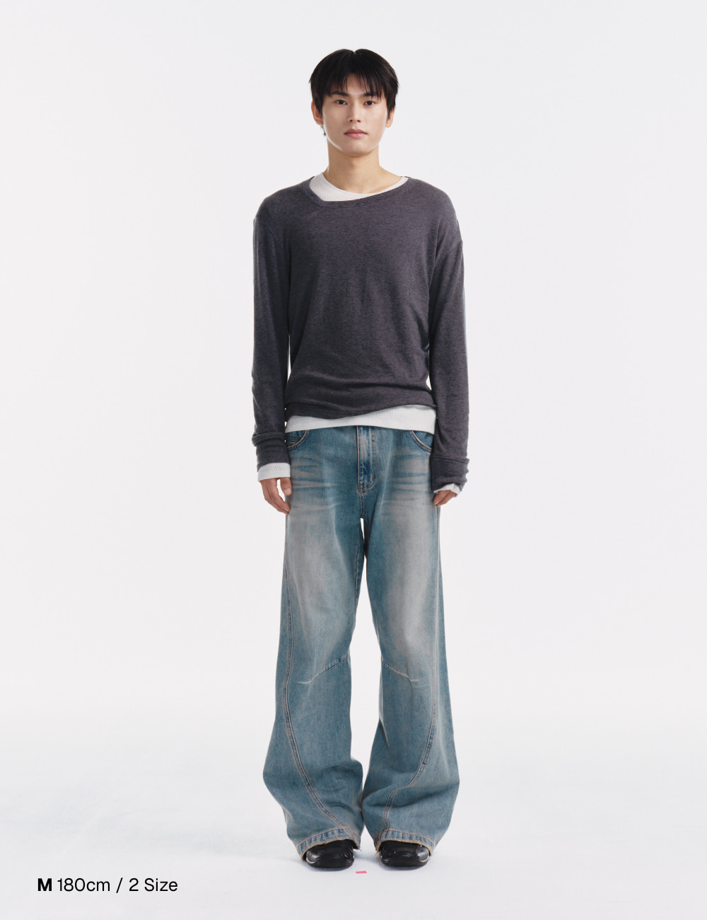 [GEN:RE] Pinched Neck Cut and Sew Wool Knit Charcoal