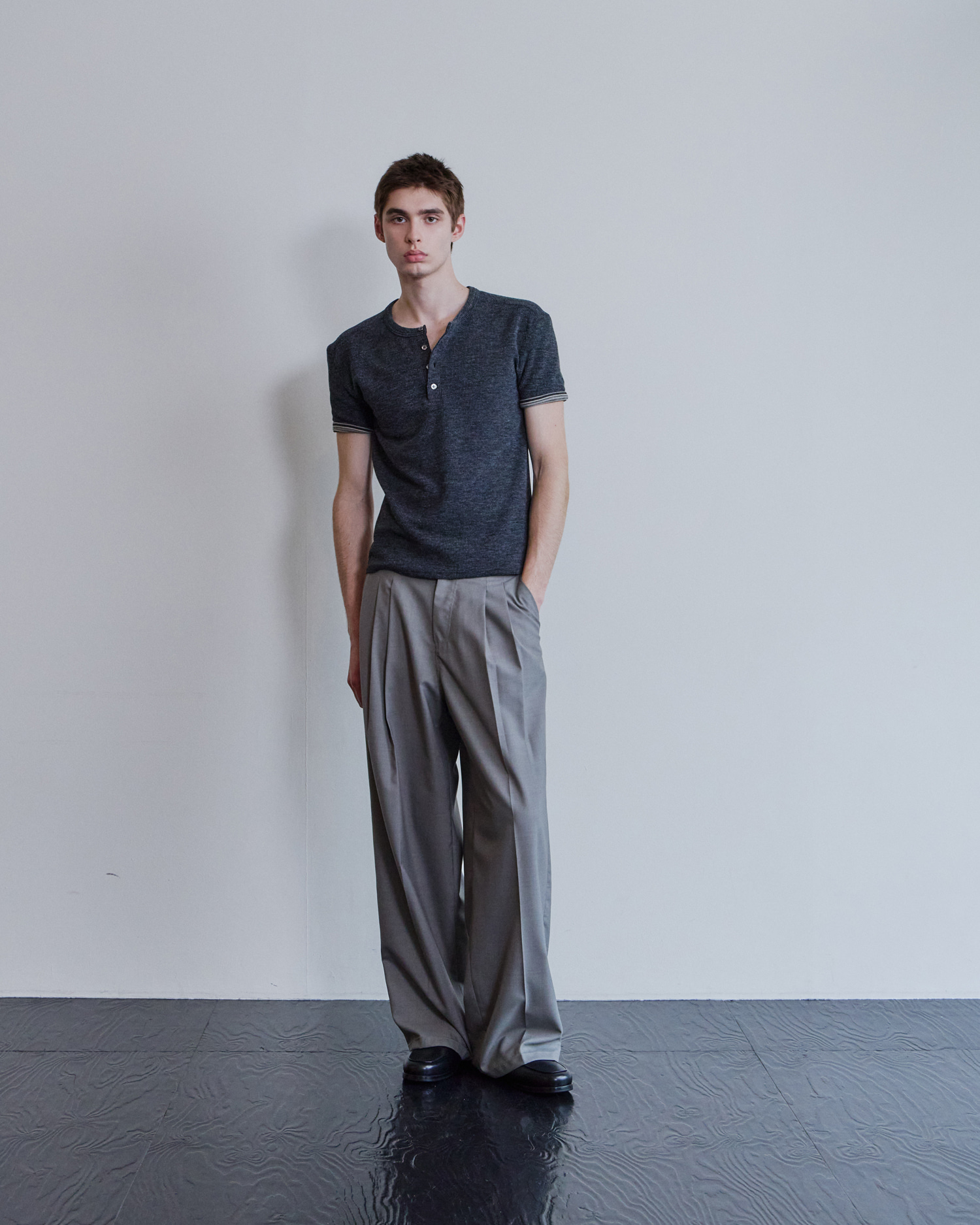 [WAVINESS] Ribbed Layered Henley-Neck T-shirts - Charcoal