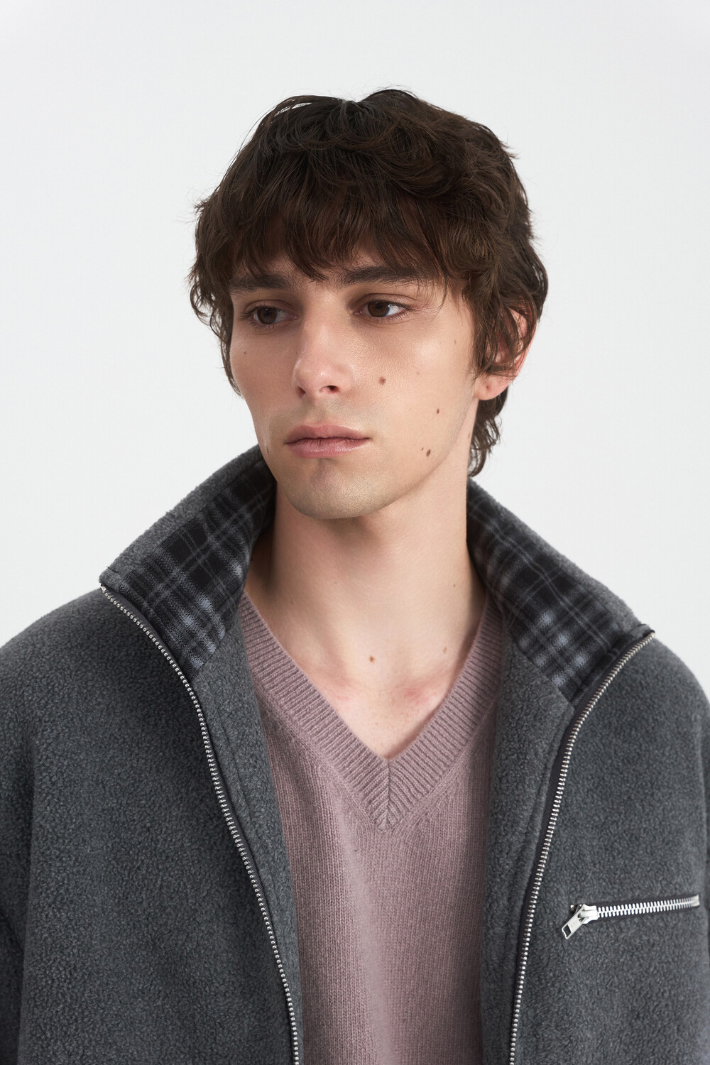 [WINDER] COLLAR CONTRAST FLEECE JUMPER - MELANGE GREY