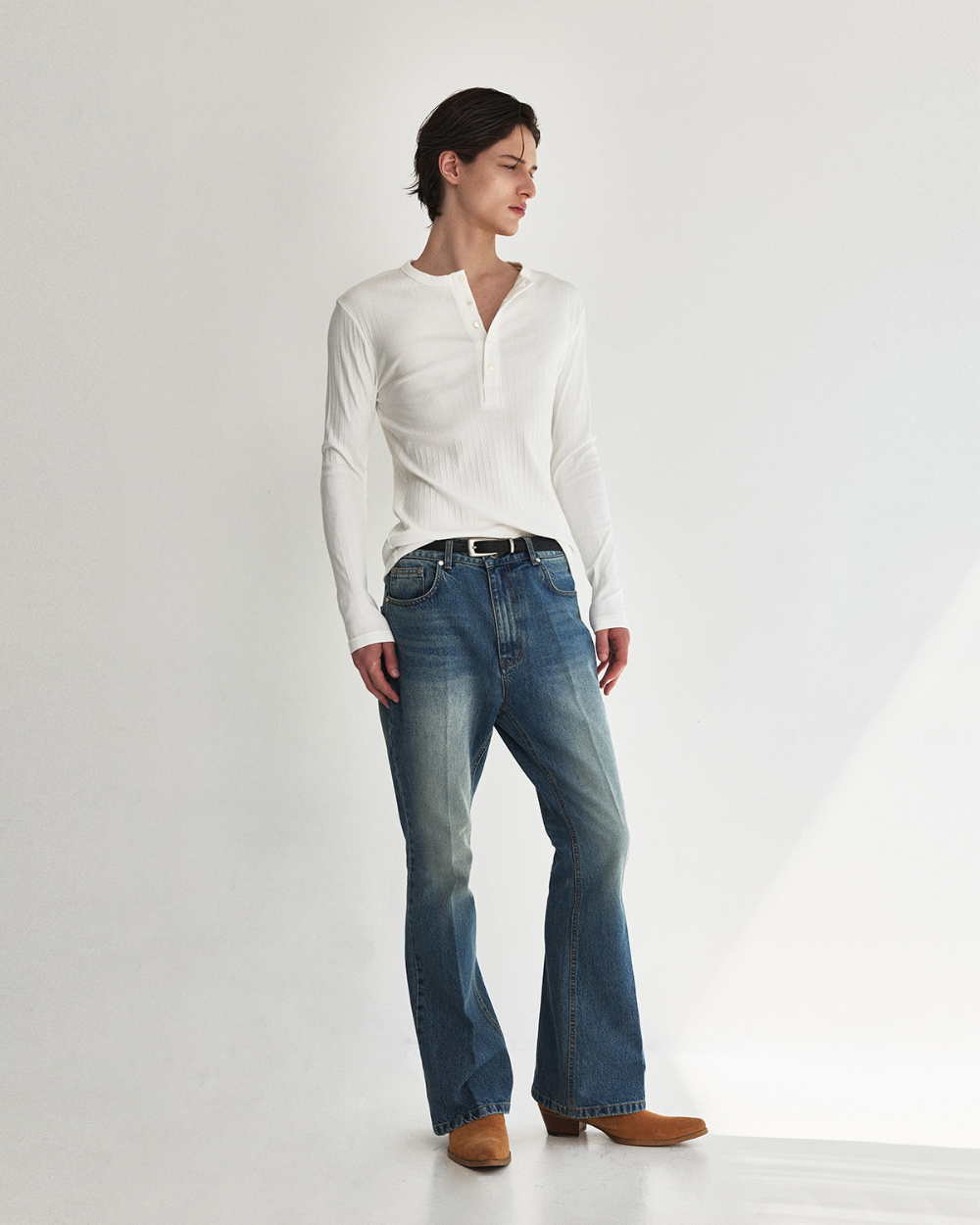 [kineto] Fine Cotton Ribbed Henley Top_White