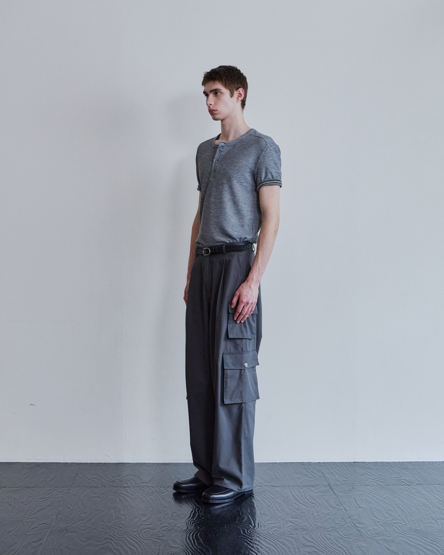 [WAVINESS] Ribbed Layered Henley-Neck T-shirts - Light Grey