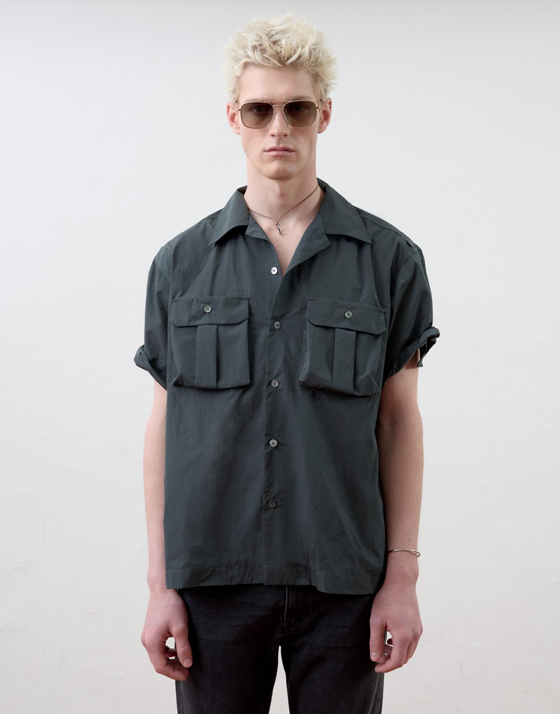 [MOOMYUNG ] MILANESE OPEN COLLAR SHIRT (DEEP GREEN)