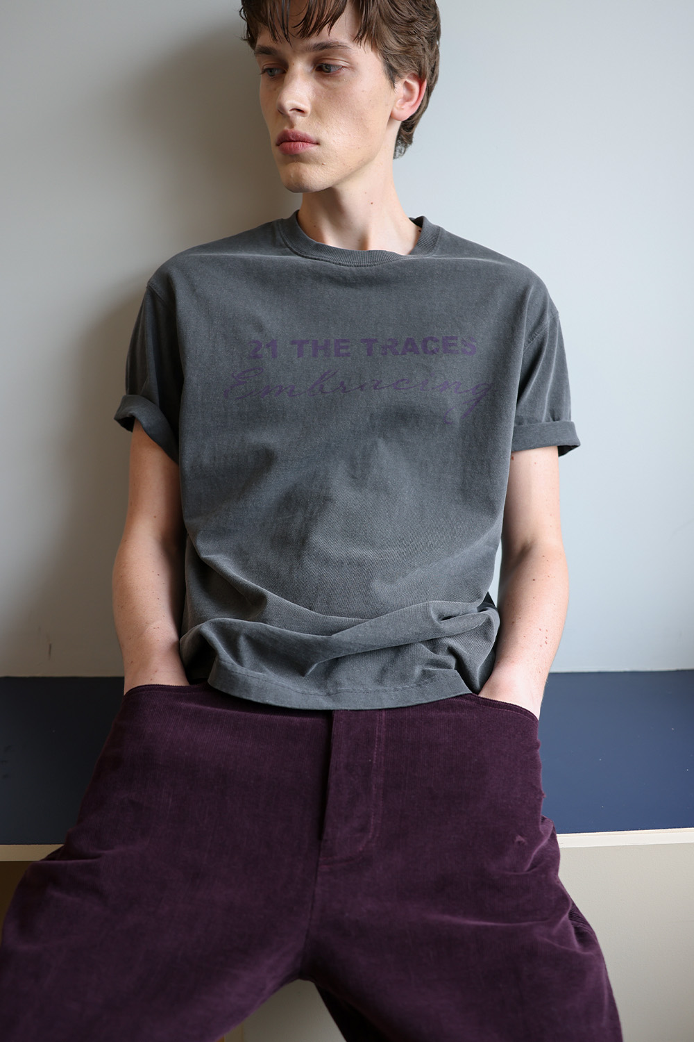 [ANYTIME LOREAK] TRACE WASHED HALF T-SHIRT - CHARCOAL