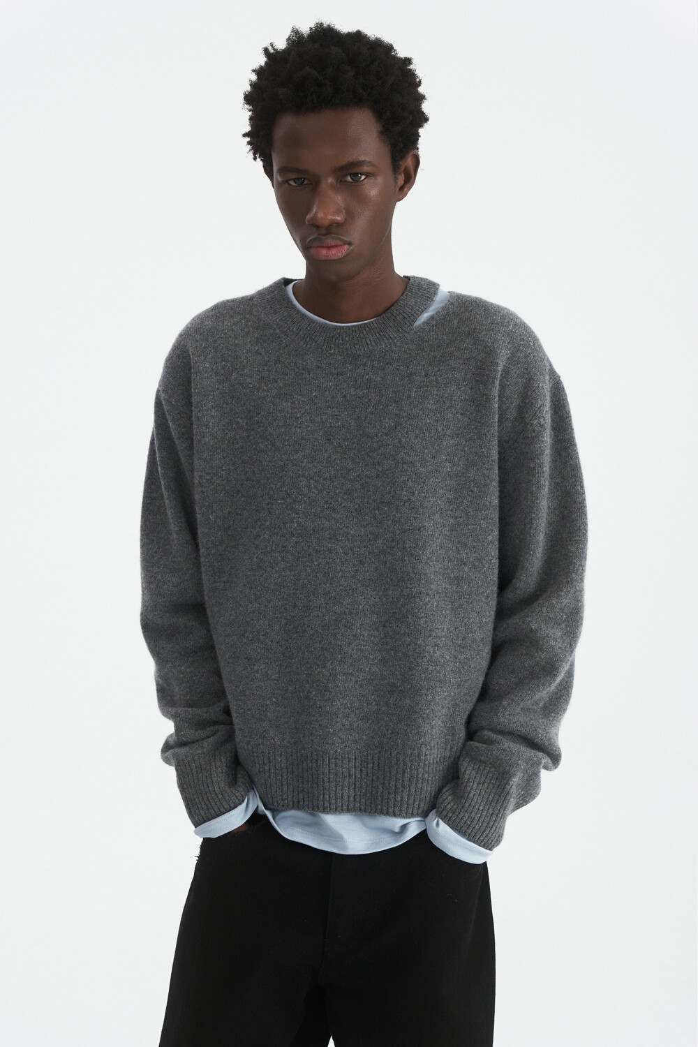 [WINDER] SLIT MERINO WOOL SWEATER - MELANGE GREY